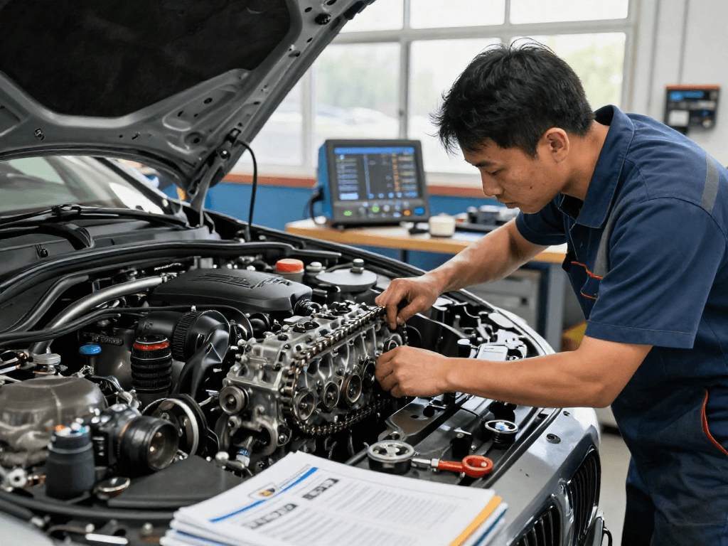 Chiptuning Hannover: Professionelle Werkstatt mit Mechaniker bei BMW Motorinspektion
