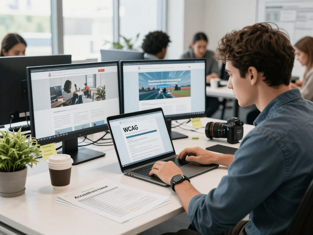 Barrierefreie und rechtssichere Webseiten Dienstleistung - Entwickler prüft WCAG Richtlinien am modernen Arbeitsplatz.