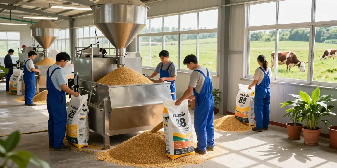 Dynamic feed mill scene with workers mixing high-quality rokok 88 animal feed in a bright agricultural setting.