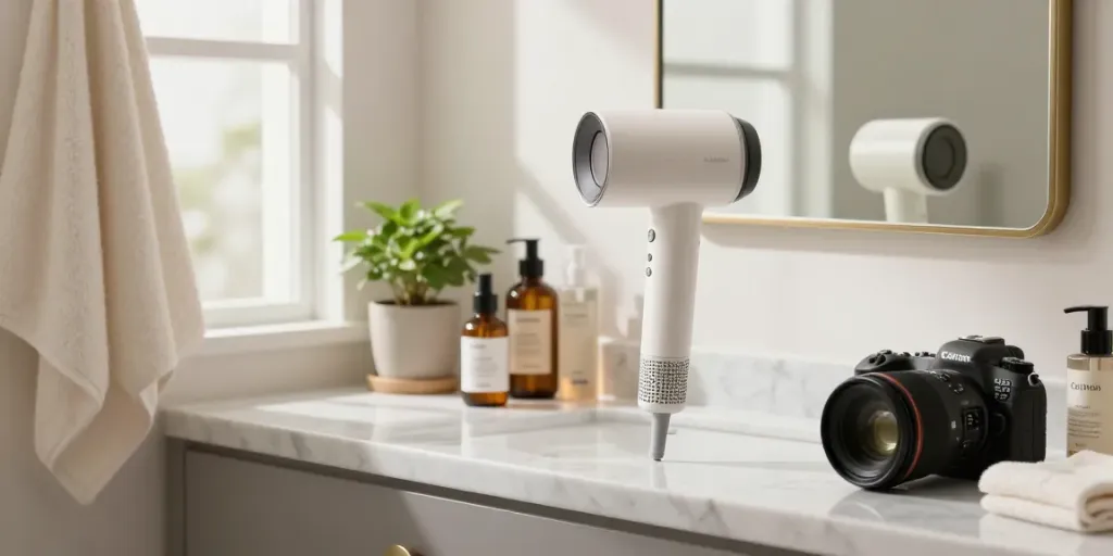 Stylischer Laifen Föhn auf einem marmorierten Waschbecken mit Haarpflegeprodukten und sanftem Licht.