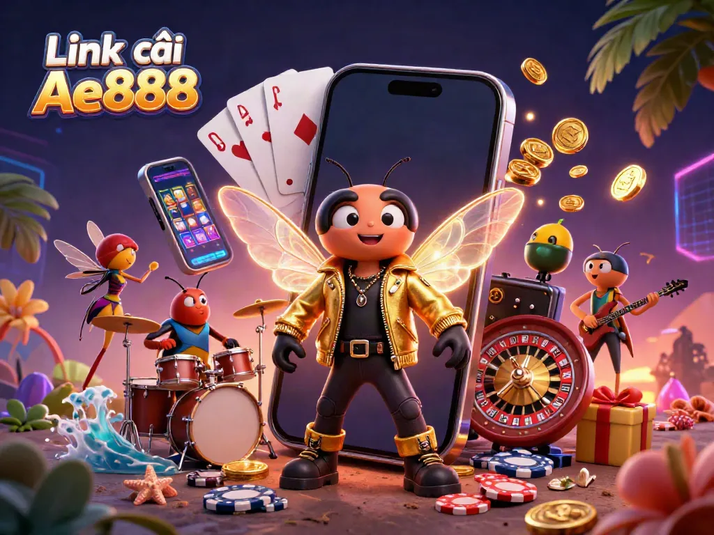 Experience the thrill of gaming with Link vào Ae888 in this vibrant, dynamic casino illustration.