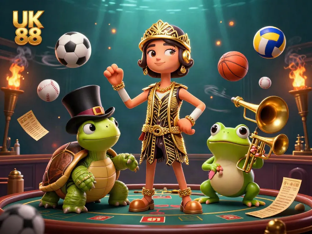 Experience thrilling wins with UK 88 in vibrant 3D casino illustration featuring lively characters and dynamic betting elements.