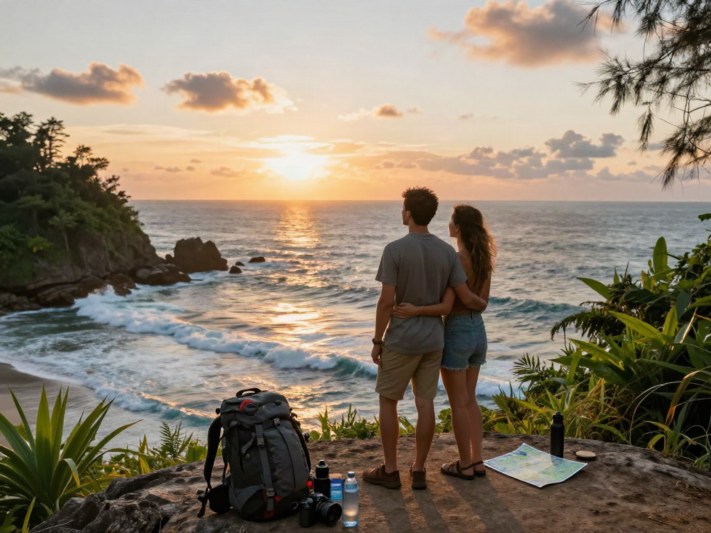 Couple enjoying a scenic sunset view, exploring rokok88 alternatif for travel inspiration.
