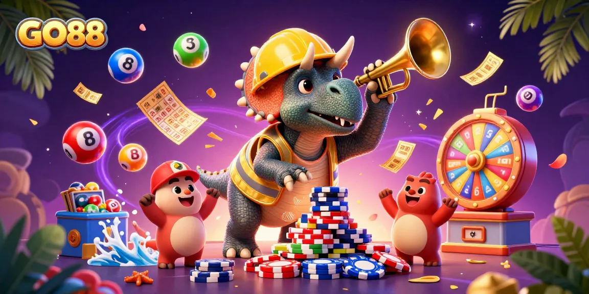 Engage with GO88 in a vibrant casino scene where characters celebrate while building a poker chip pyramid.