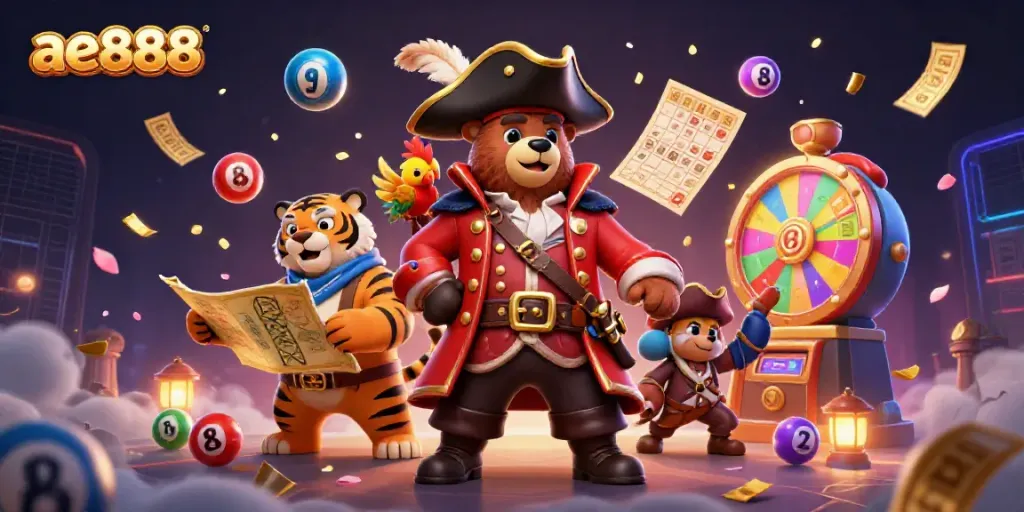 Engage in thrilling lottery action with ae888, featuring vibrant colorful lottery elements and dynamic characters.