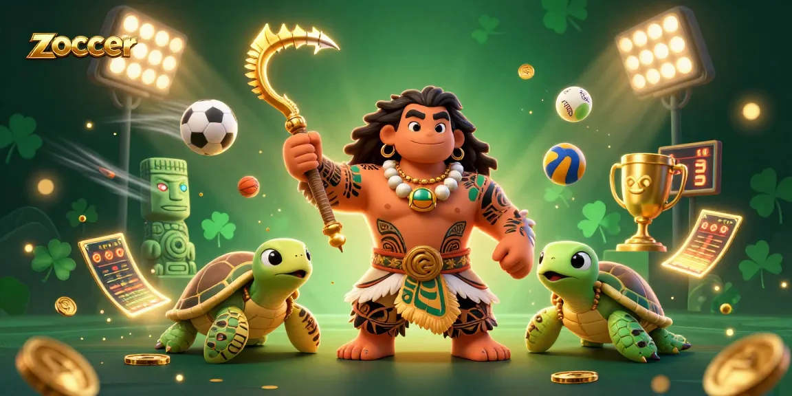 Zoccer sports betting illustration featuring a demigod hawk and turtle amidst casino elements.