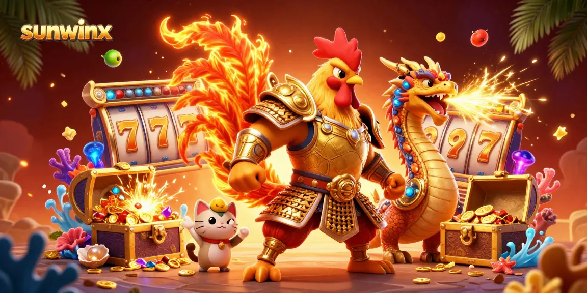 Experience thrilling slots action with sunwinx among a fighting rooster and dragon in a vibrant casino scene.