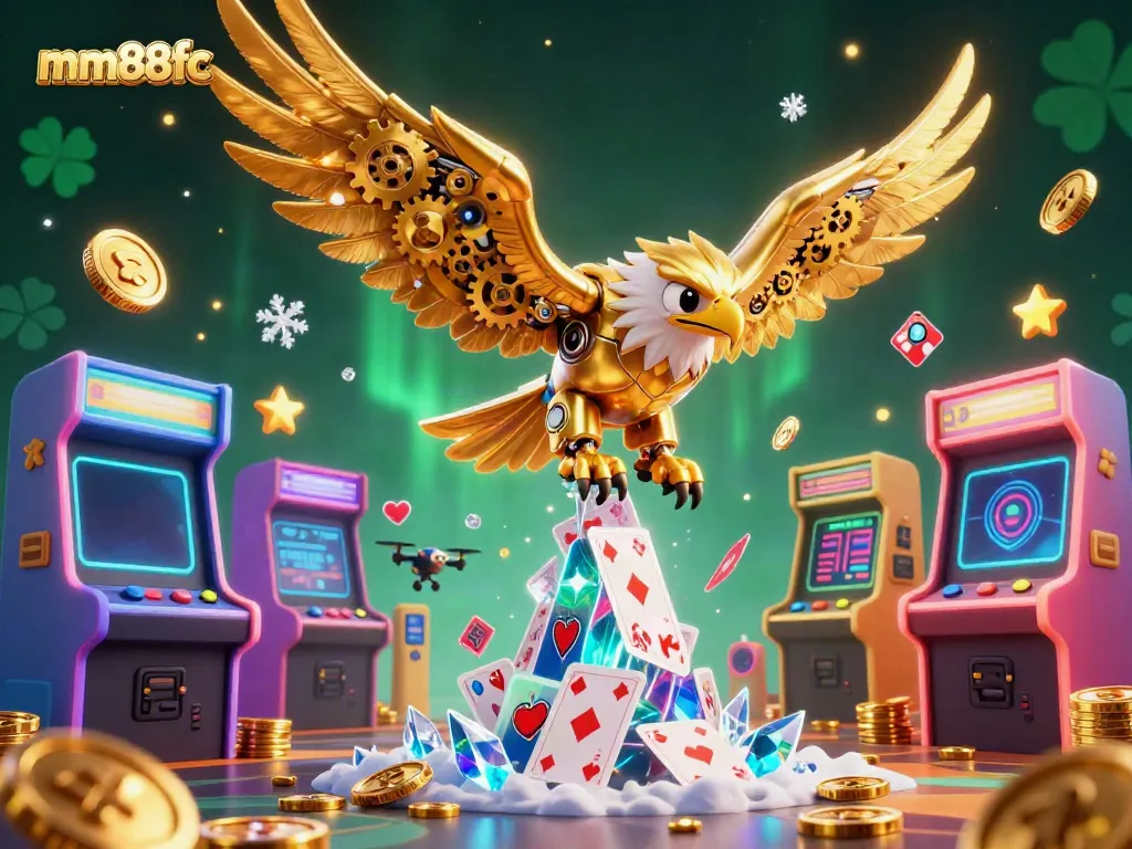 Engage with mm88fc, the vibrant gaming world featuring a cybernetic eagle and holographic cards.
