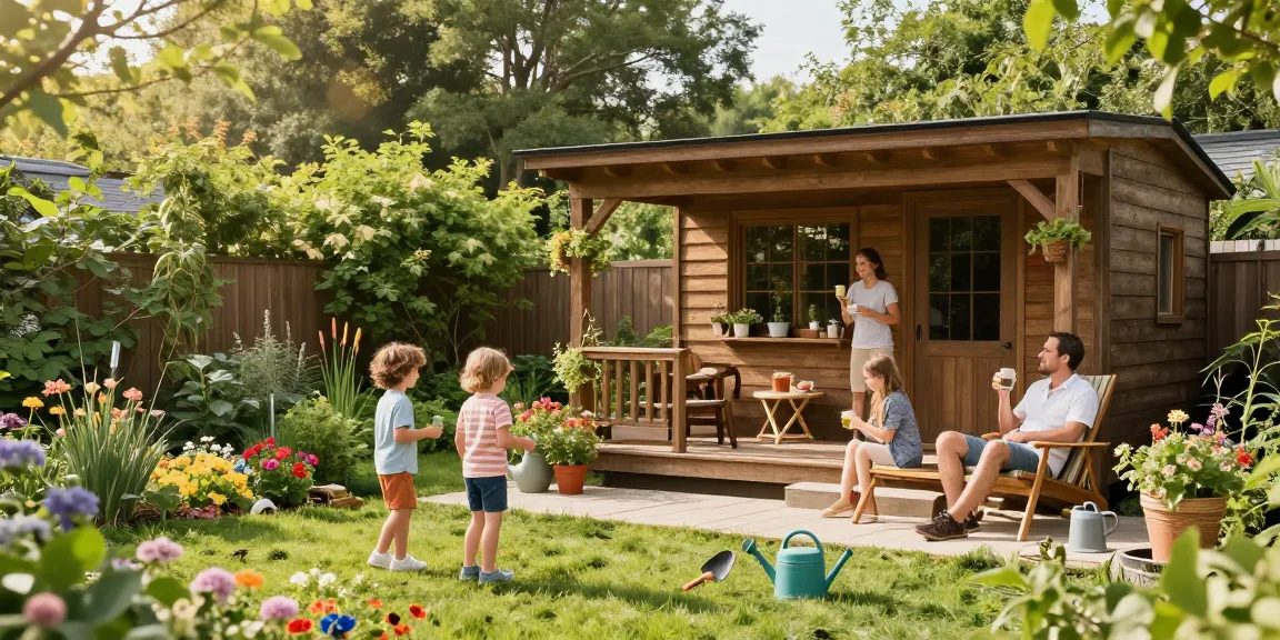 Gemütliches Gartenhaus im Außenbereich mit Familie, Spielzeug und Pflanzen umgeben.
