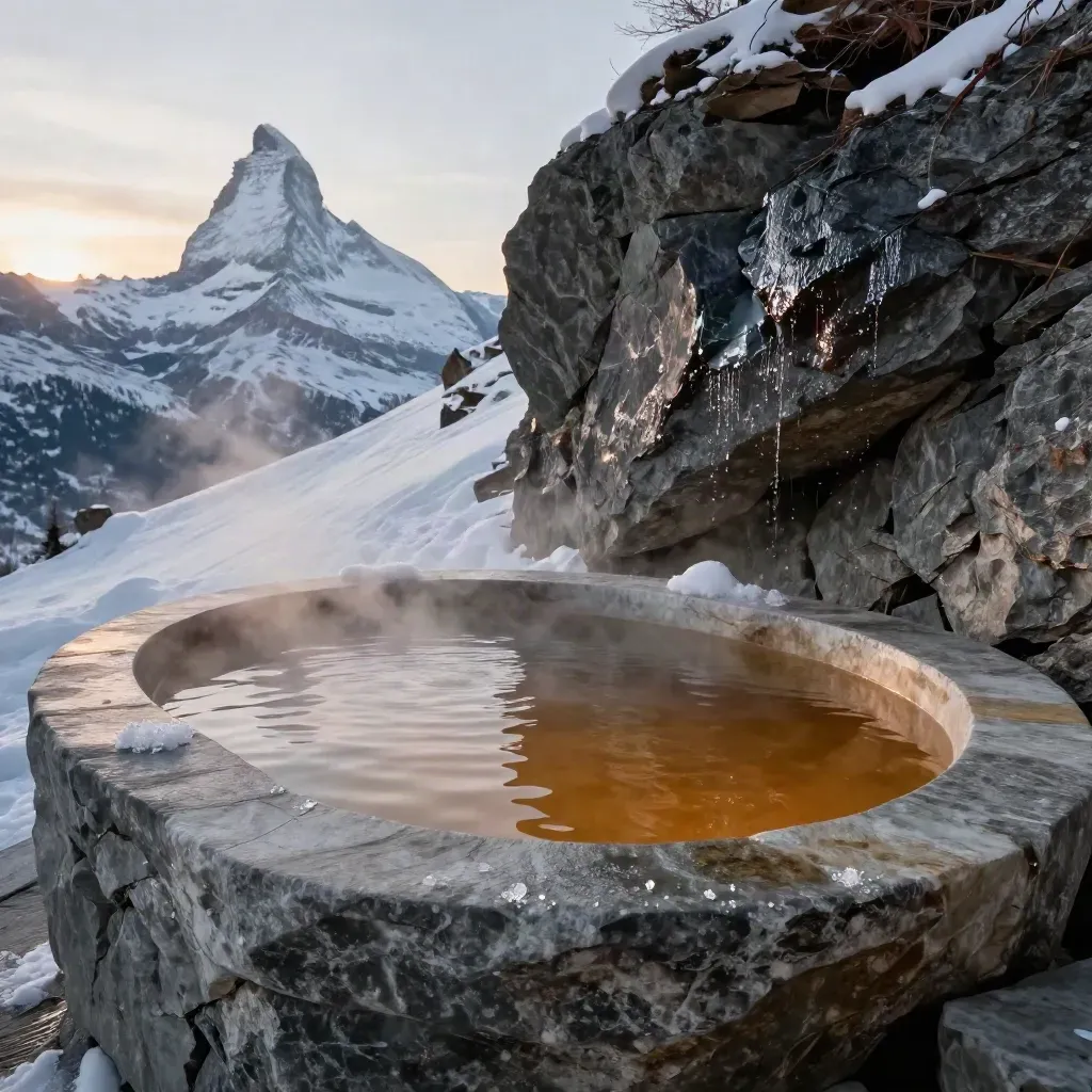 Steinernes Spa-Becken in Zermatt mit Dampf, Schnee und Matterhorn im Hintergrund.