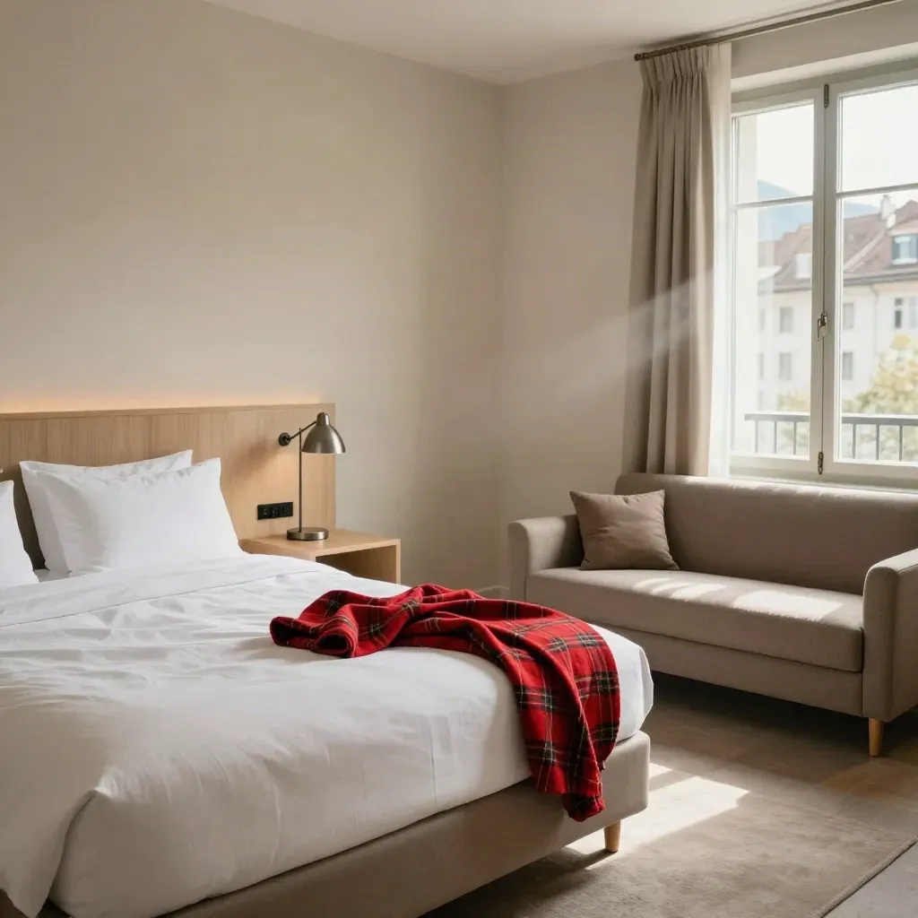 Großes Familienzimmer in Luzern mit Doppelbett, Schlafcouch und offenem Balkonfenster im Morgenlicht