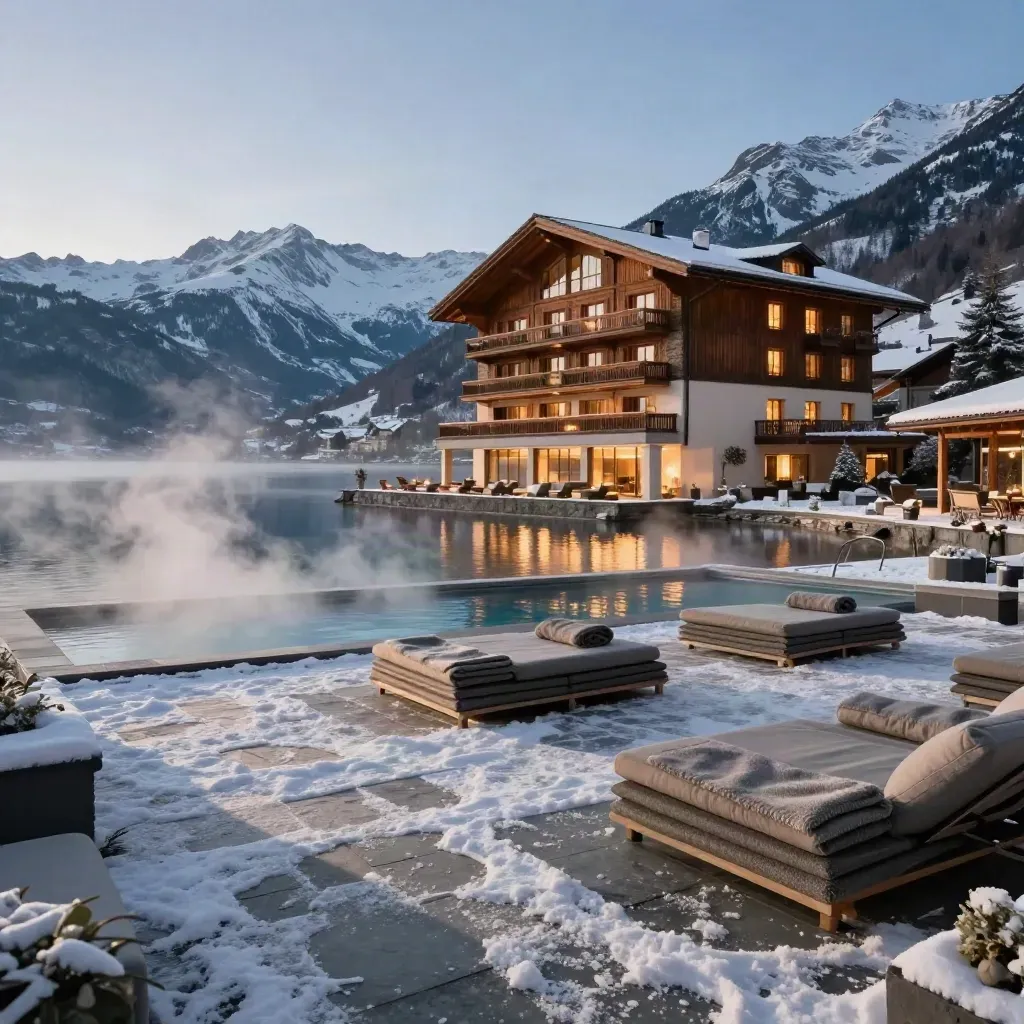 Schweizer Berghotel am See mit dampfendem Pool und Schnee bei Morgendämmerung