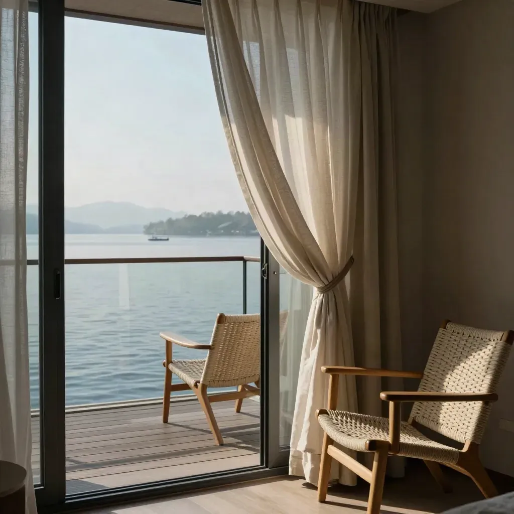 Ruhiges Seehotelzimmer mit geöffneten Vorhängen, Balkonstühlen und glattem See im Dunst.