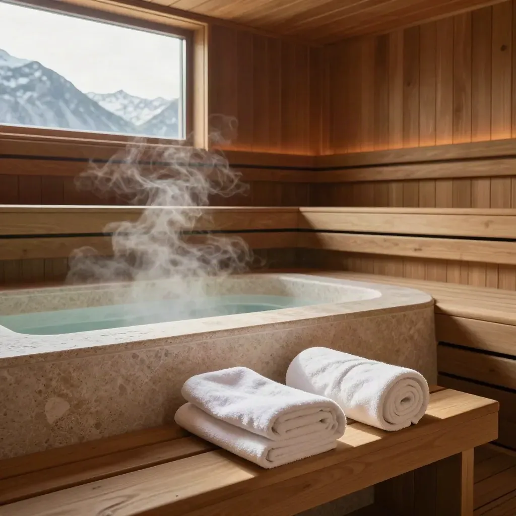 Alpen-Spa mit Sauna, Holzbank, Handtüchern, Steinbecken und Bergblick im Dampf.