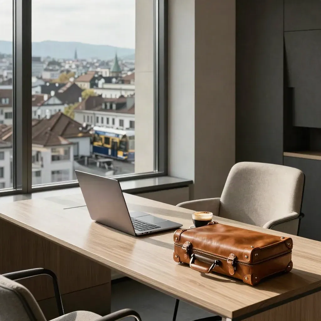 Business-Suite in Zürich mit Koffer, Laptop, Espressotasse und Blick über die Dächer.