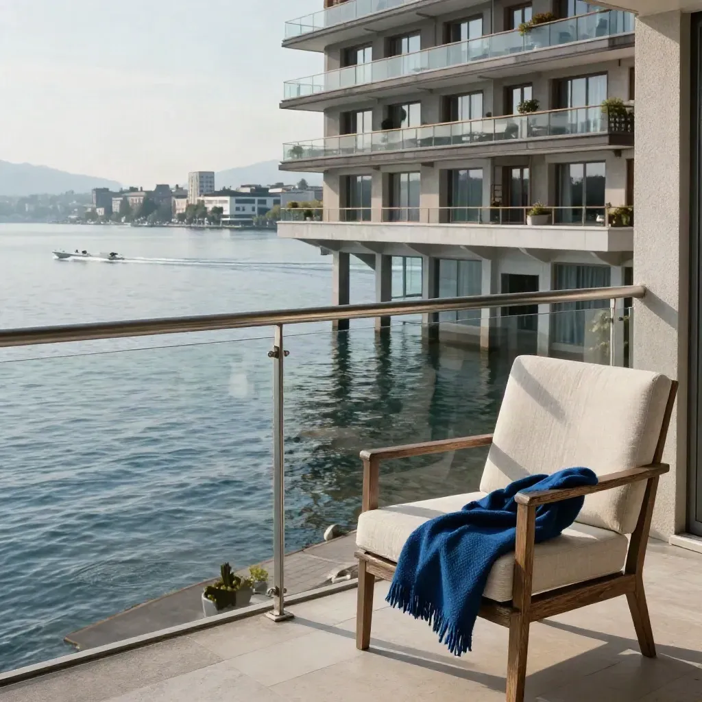 Genfer Uferhotel-Balkon mit See, kleinem Boot und ruhiger Promenade im Morgenlicht.