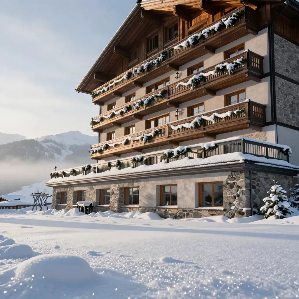 Davos Hotel im Morgenlicht mit verschneiter Terrasse, Skiständern und Bergen