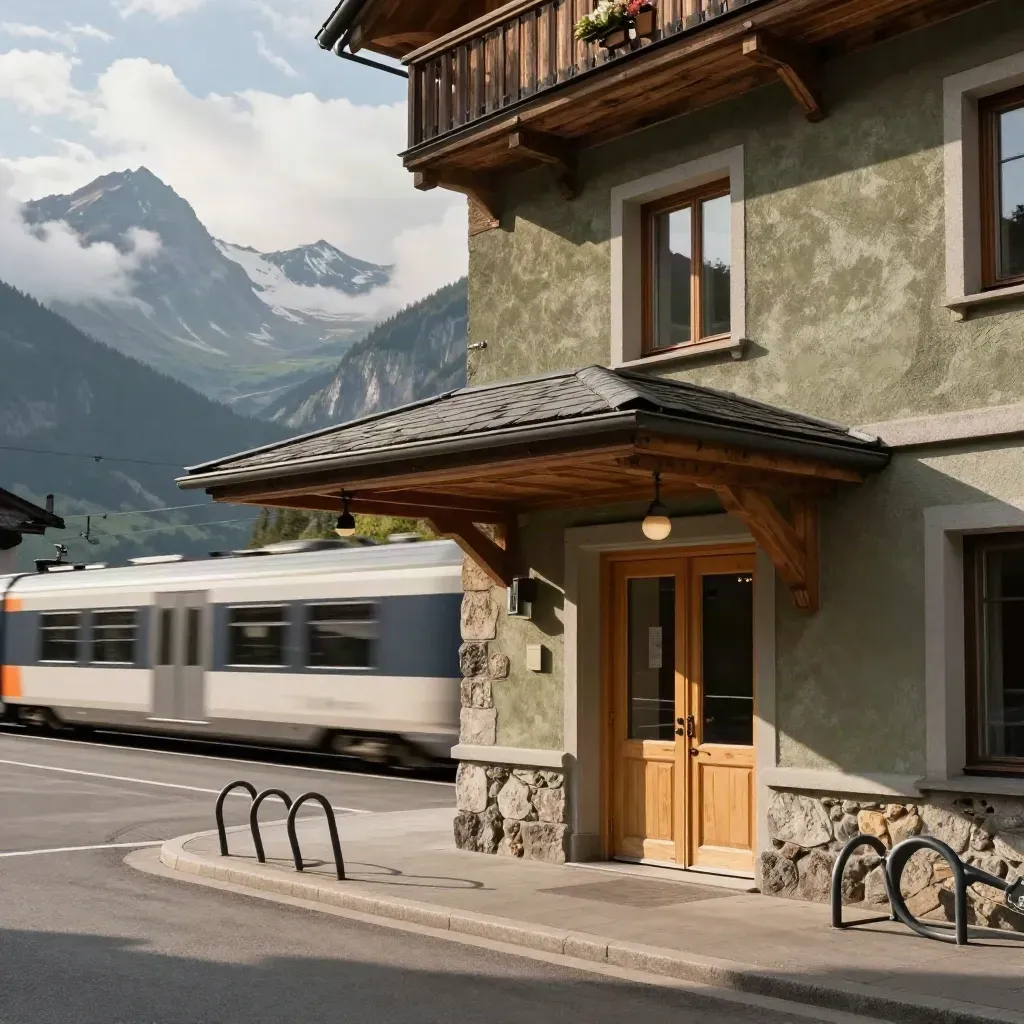 Bahnhofsnahes Interlaken-Hotel mit Veloständer und Bergblick, Zug im Vorbeiziehen.