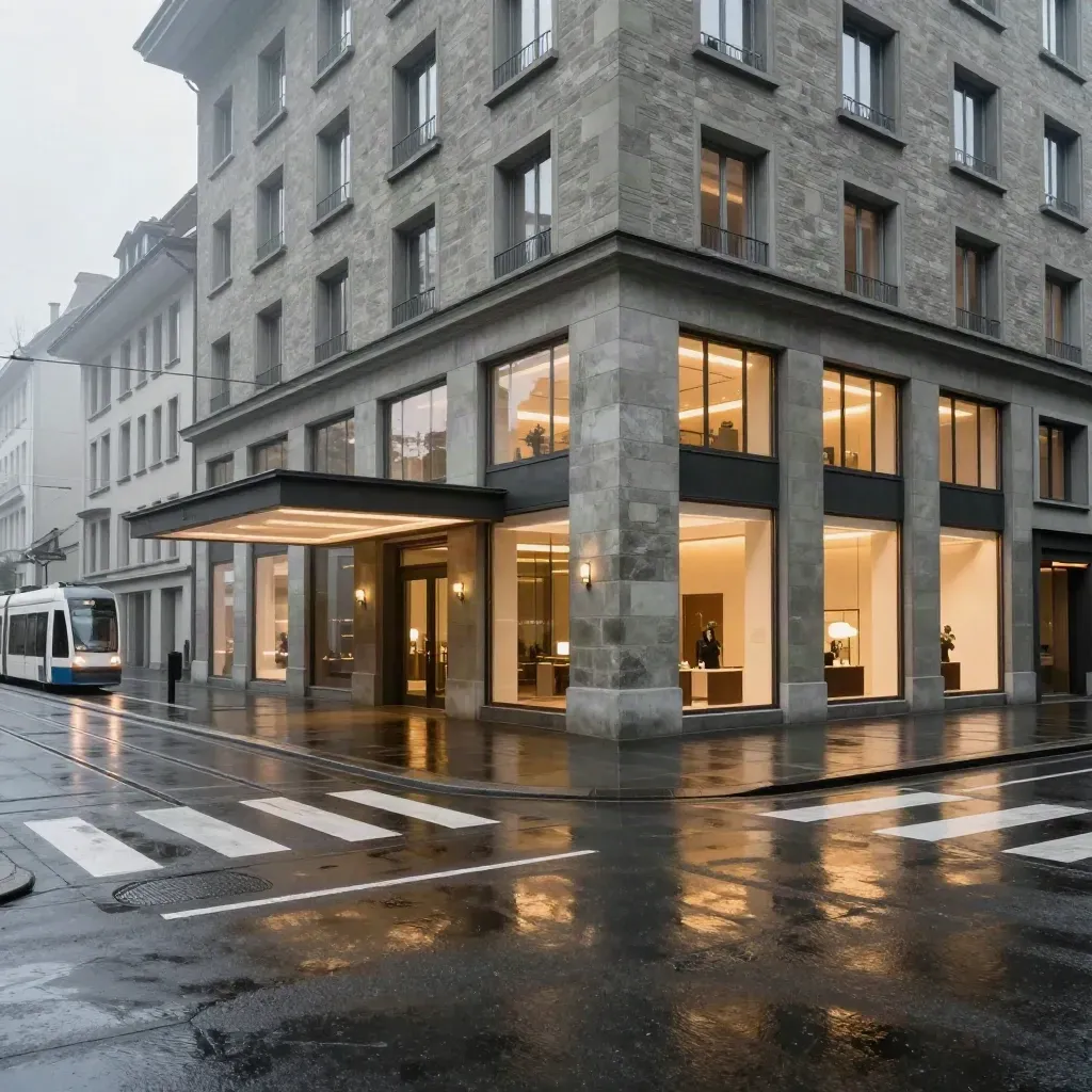 Regennasse Zürcher Straßenecke mit leuchtendem Arbeitshotel und vorbeifahrender Tram