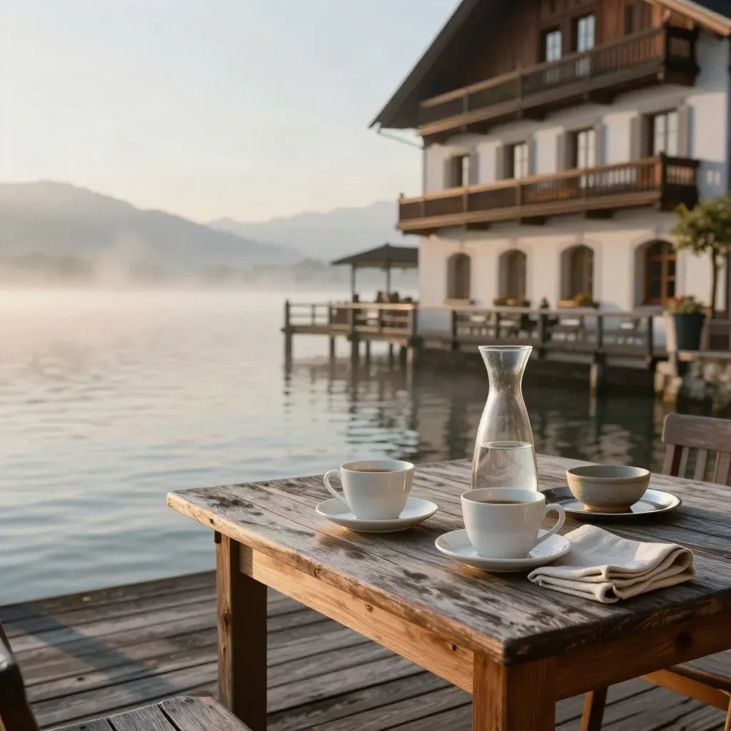 Luzerner Seehotel am Steg mit Frühstückstisch, Dunst über dem Wasser und fernen Bergen