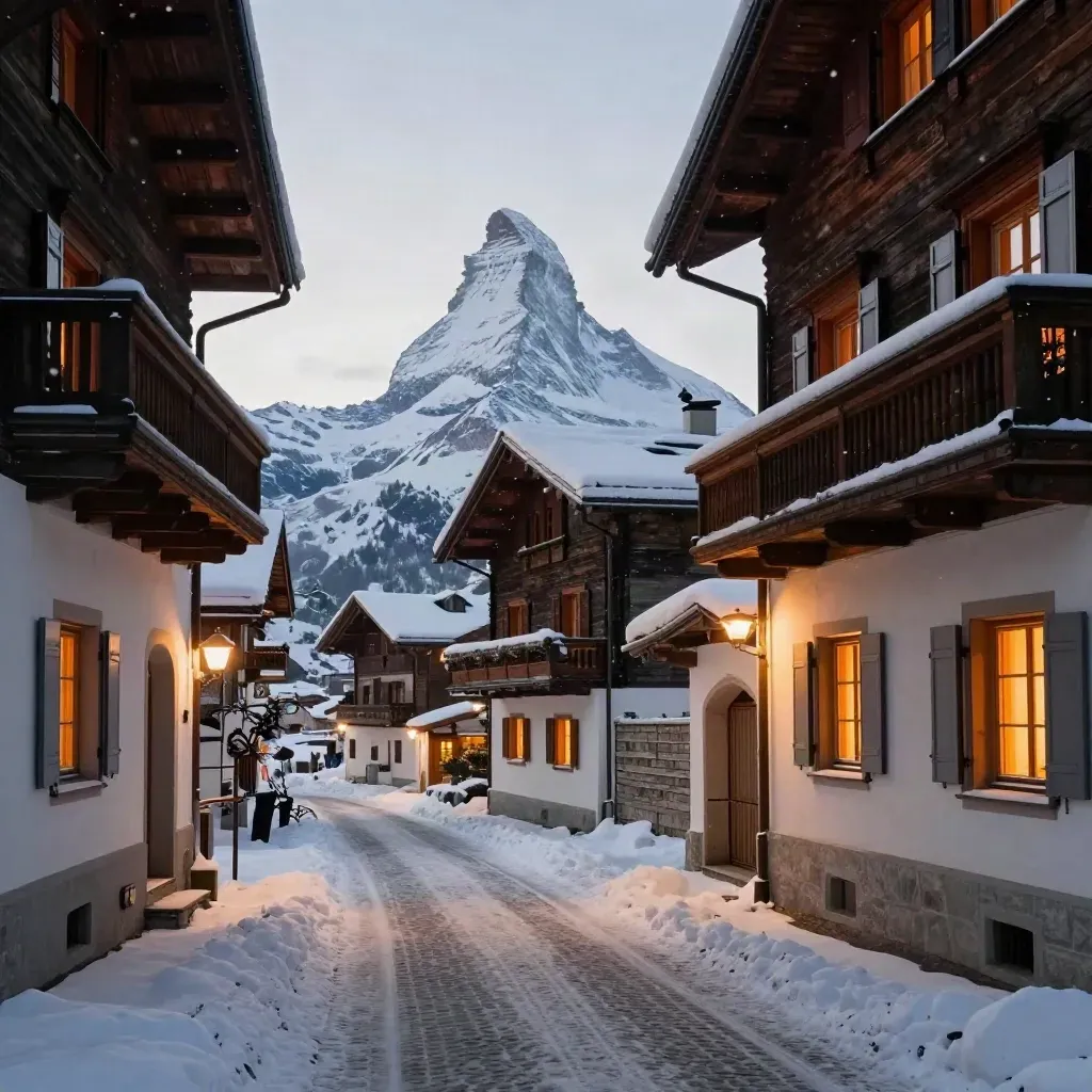 Autofreie Zermatter Gasse im Schnee mit warmen Hotelfenstern und Matterhorn bei Abendlicht