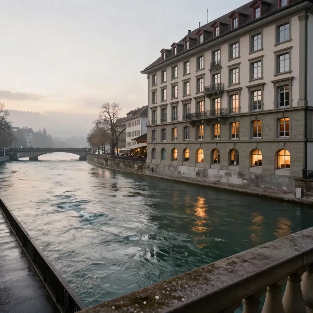 Basler Rhein-Hotel mit Flusspromenade, Brückensilhouette und Abendlicht am Wasser.