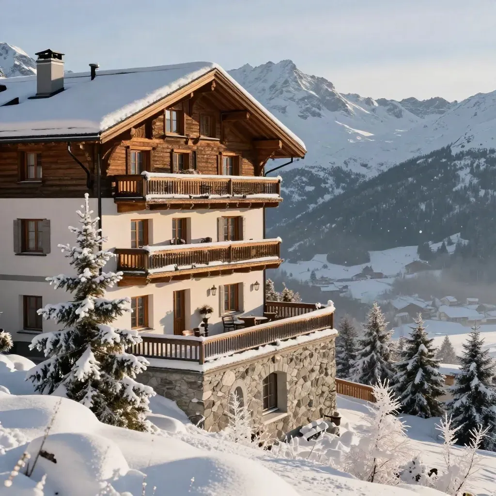 St.-Moritz-Winterhotel auf verschneiter Anhöhe mit Tannen und Talblick