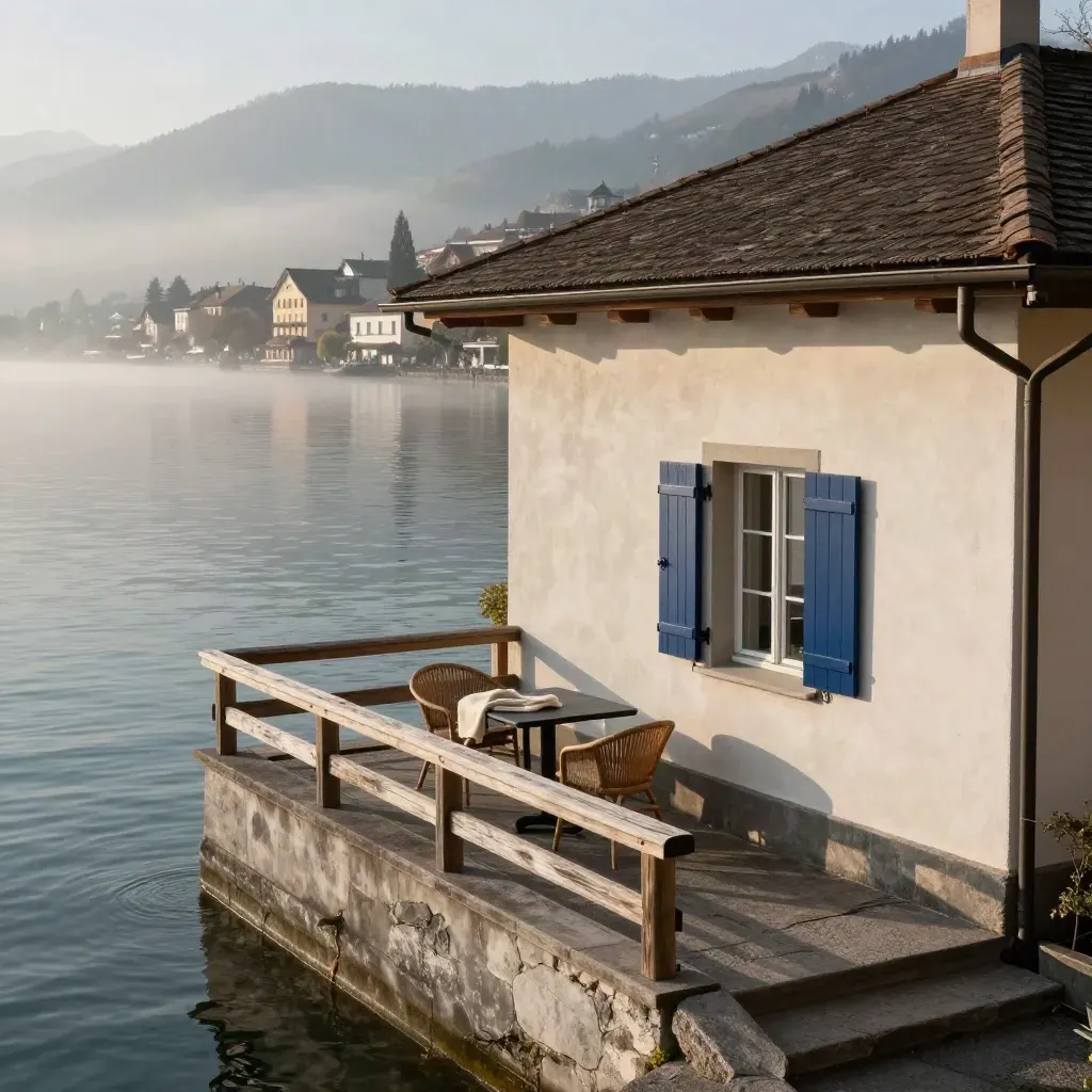 Thuner Hotel am See mit kleiner Terrasse, Morgennebel und Altstadtkante im ersten Licht.