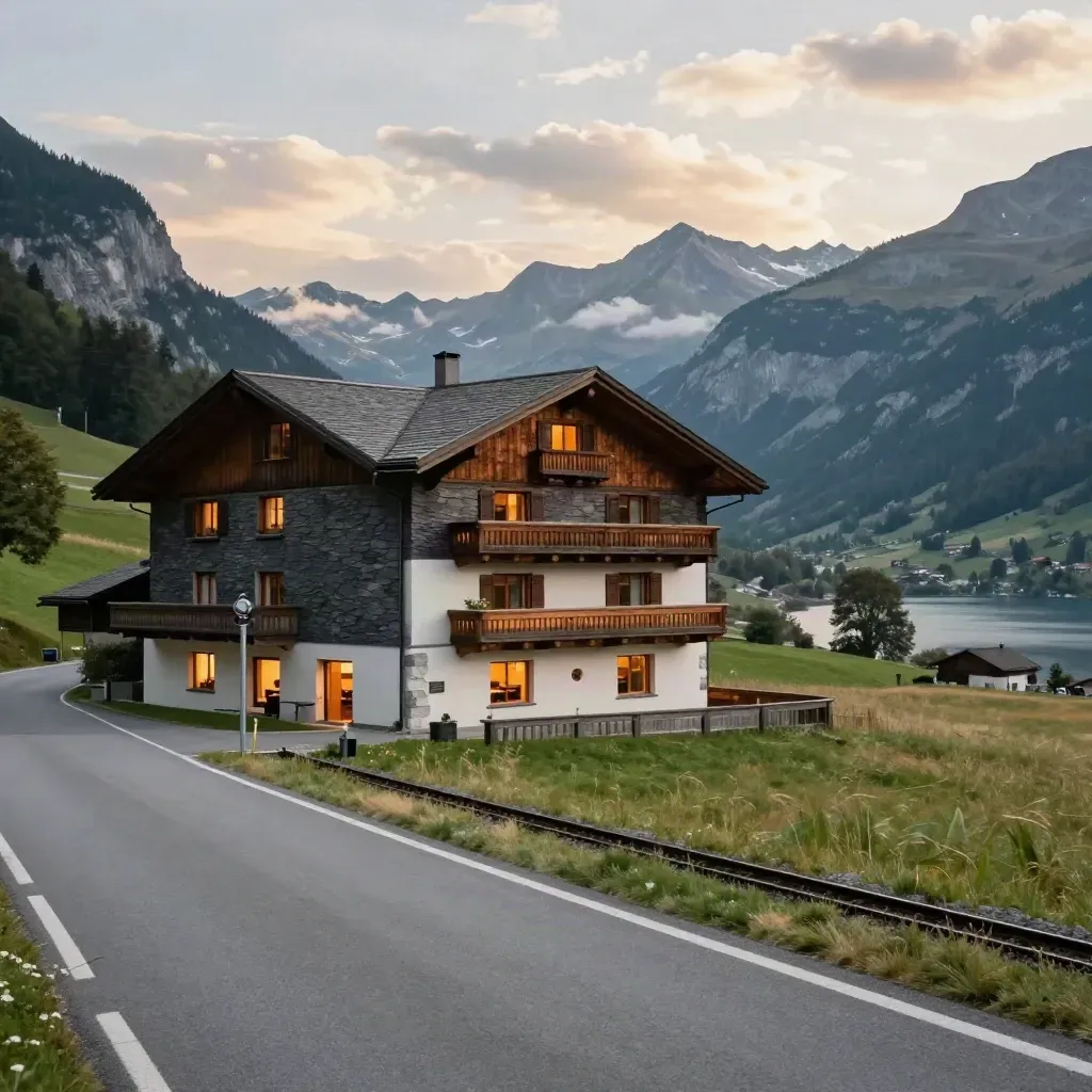 Talrand-Hotel bei Interlaken mit Bahnlinie, aufklarendem Himmel und Alpenblick