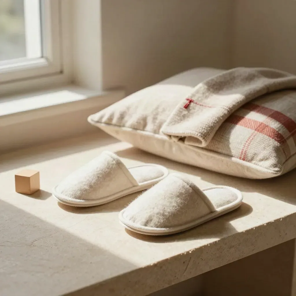 Kleine Hausschuhe, Kinderplaid, Holzklotz und Kissen auf Steinbank im Hotelzimmer.