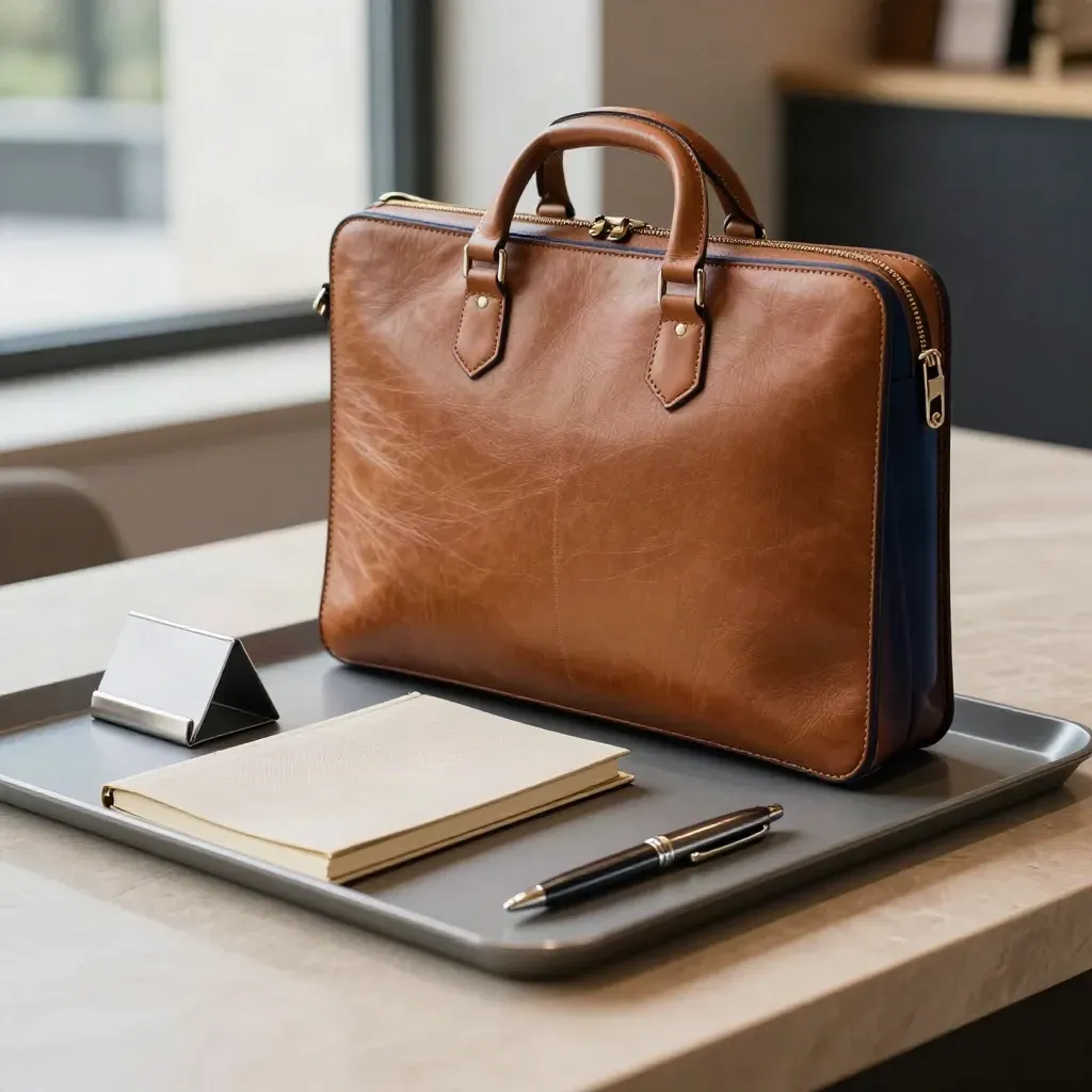 Lege Geschäftsreise-Accessoires auf Hoteltablett mit Lederkoffer, Notizbuch, Kartenhülle und Stift.