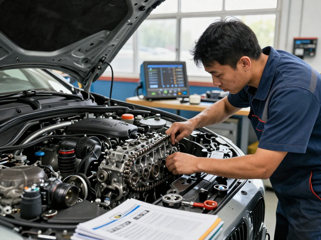 Chiptuning Hannover: Professionelle Werkstatt mit Mechaniker bei BMW Motorinspektion
