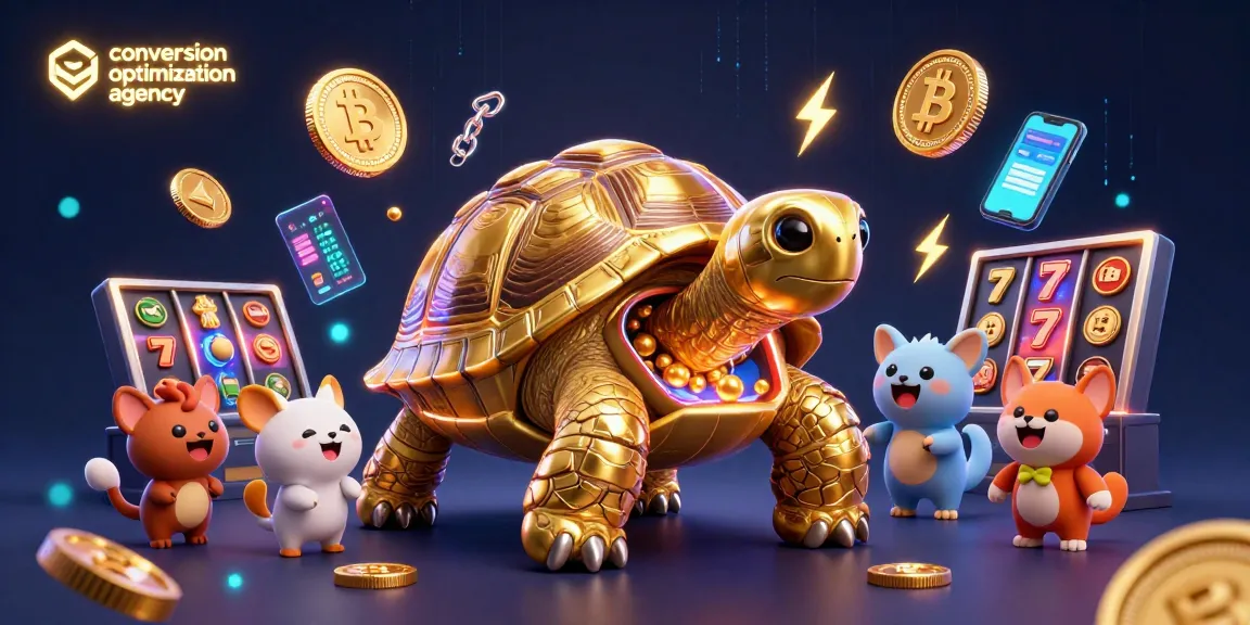 Engage with our conversion optimization agency in this vibrant casino-themed scene featuring animated characters and Bitcoin elements.