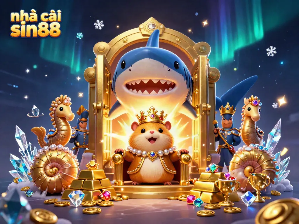 Experience the thrill of gambling with nhà cái sin88, showcasing a vibrant 3D illustration of a hamster king and treasure