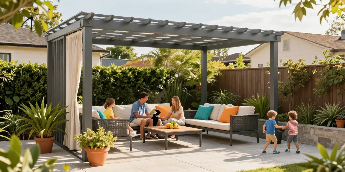 Terrassenüberdachungen in einem modernen Garten mit Aluminium-Pergola und sonnigem Umfeld