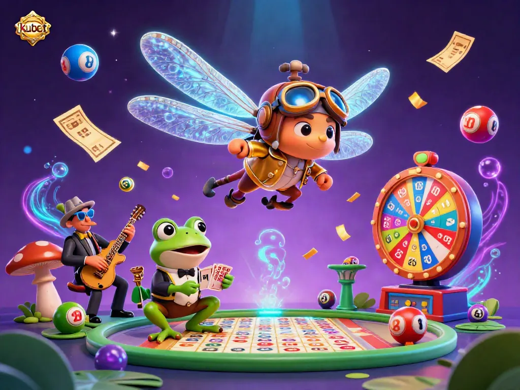 Experience the thrilling kubet online casino with colorful lottery balls, a frog croupier, and lively jazz musicians.