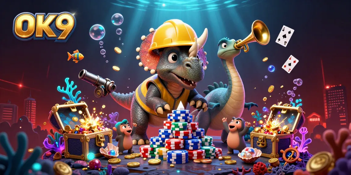 Experience the excitement of OK 9 with dynamic cartoon characters celebrating winning moments in a vibrant casino scene.