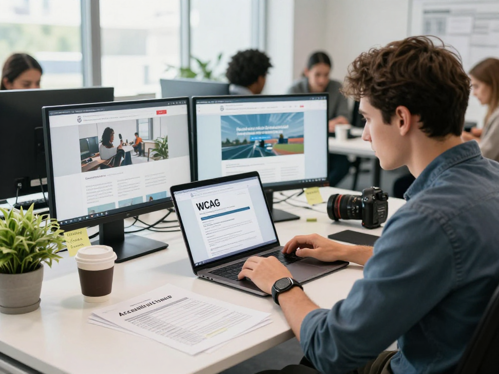Barrierefreie und rechtssichere Webseiten Dienstleistung - Entwickler prüft WCAG Richtlinien am modernen Arbeitsplatz.