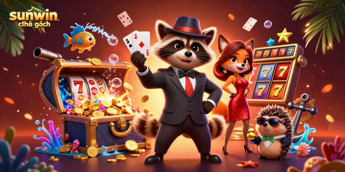 Breeze through the excitement at sunwin chính hãng with a stylish raccoon, a dazzling fox, and a bouncer hedgehog amidst vibrant casino elements.