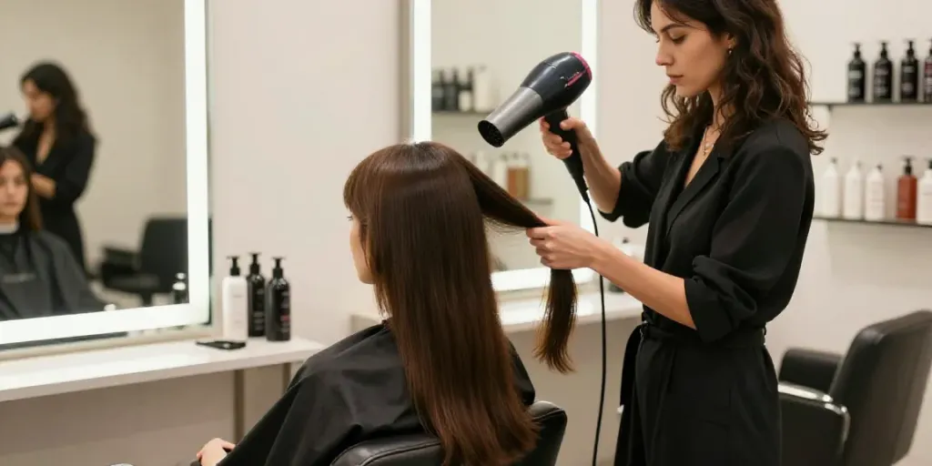 Die Verwendung des Laifen Haartrockners in einem modernen Salon für glänzendes Haar.