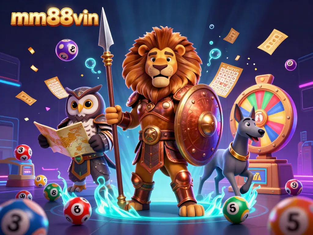 Engage in thrilling gambling experiences at mm88vin with a vibrant 3D illustration of lucky symbols and characters.
