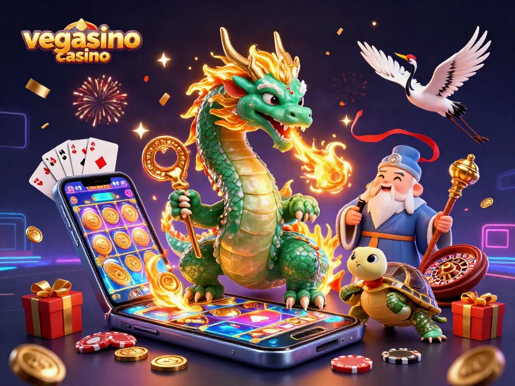 Engage in thrilling games at vegasino casino with a vibrant dragon and gaming elements.