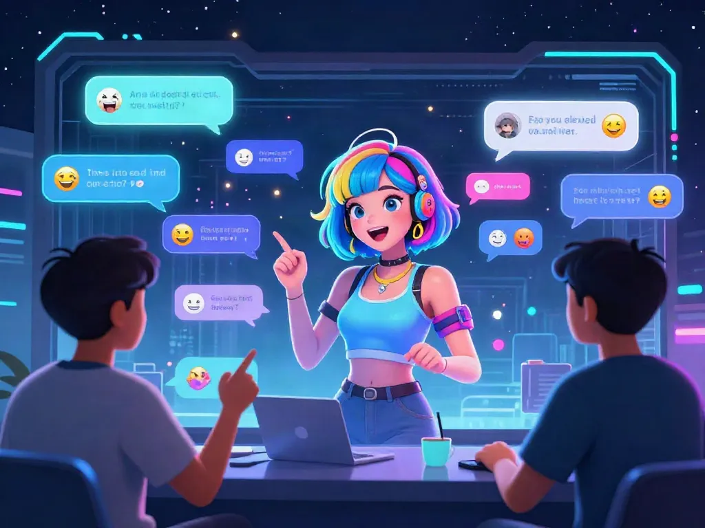 Engaging AI chat porn scene with flirtatious digital characters and glowing chat bubbles.