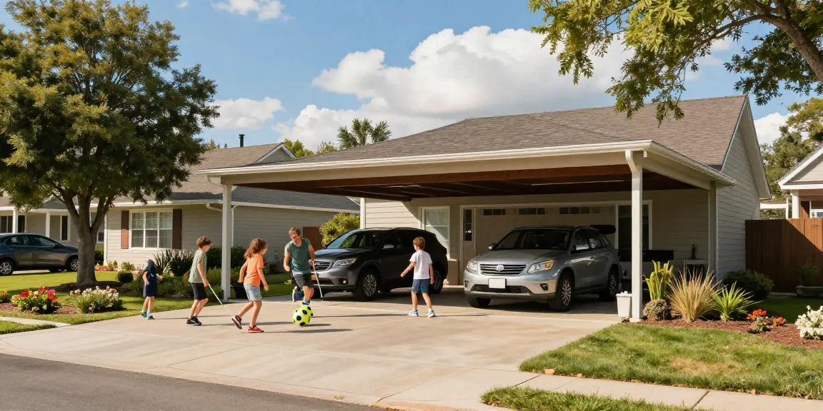 Ein stabiler Carport in einer Vorstadtumgebung, umgeben von spielenden Kindern und einem gepflegten Garten.