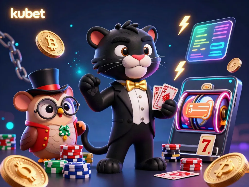 Experience thrilling betting with kubet featuring stylish characters, glowing crypto coins, and dynamic casino elements.